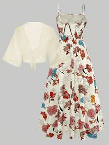 两件套女士优雅碎花雪纺连衣裙和外套套装，浪漫约会、度假春夏装扮 - 彩色 - 查看 3