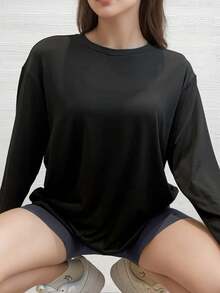 Camiseta de manga larga con caída en los hombros de unicolor negro, talla grande, holgada y casual - Negro - Ver 5