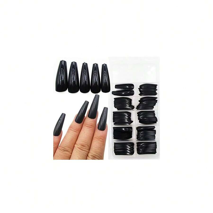 100pc Colored Coffin Press On Nails Long Ballerina False Fake Nail Tips Full Cover Manicure Design Acrylic Nails For Women Teen FFgirls (Black){Inchcolor_nameinch:InchBlackinch} - Black - 查看 1