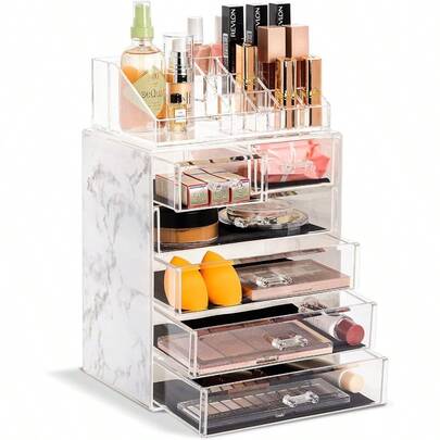Clear Cosmetic Makeup Organizer Make Up And Jewelry Storage Case And Display Spacious Design Great Holder For Dresser Bathroom Vanity And Countertop 4 Large 2 Small Drawers Marble Print