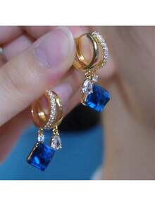 Korean Style Ultra Shiny Geometric Square Crystal Inlaid Diamond Earrings Elegant Fashionable Light Luxury High-End Exquisite Ear Jewelry - N2091A1 [Water Drop] Purple - View 3