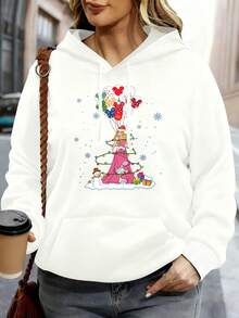 Disney Women Hoodie White Mickey Mouse Christmas Tree Balloons Snowman Gifts Holiday Party Casual Wear - 白色 - 查看 1