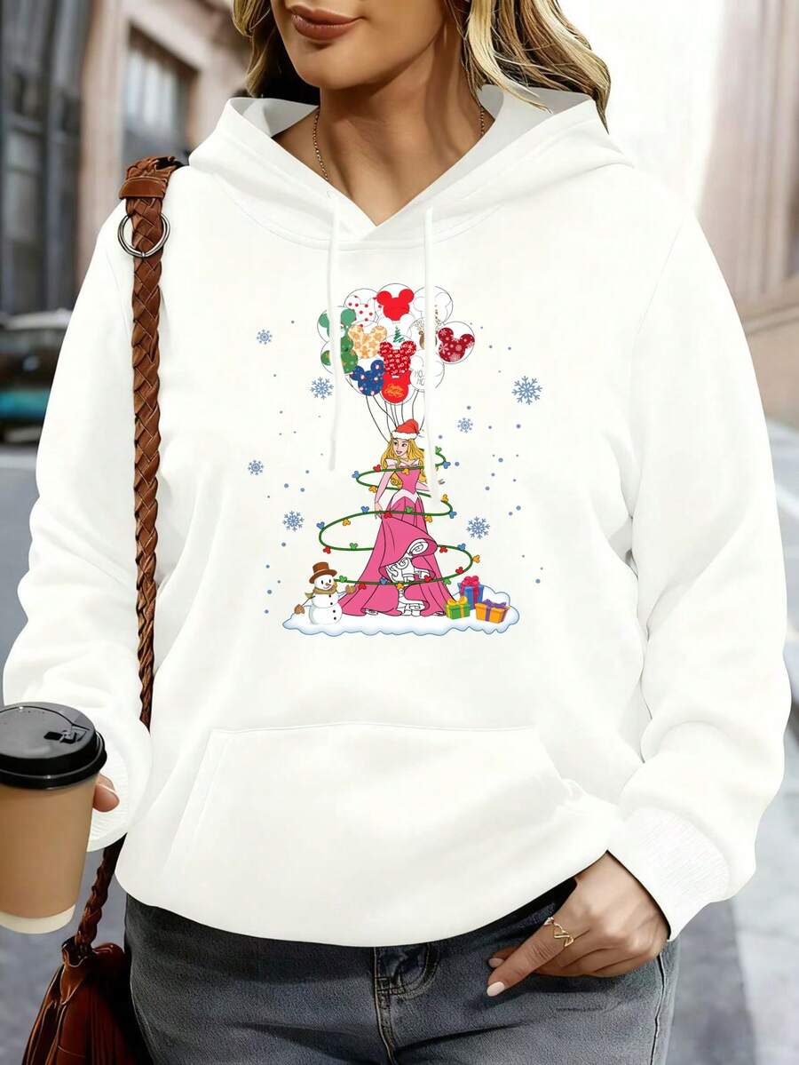 Disney Women Hoodie White Mickey Mouse Christmas Tree Balloons Snowman Gifts Holiday Party Casual Wear - 白色 - 查看 1