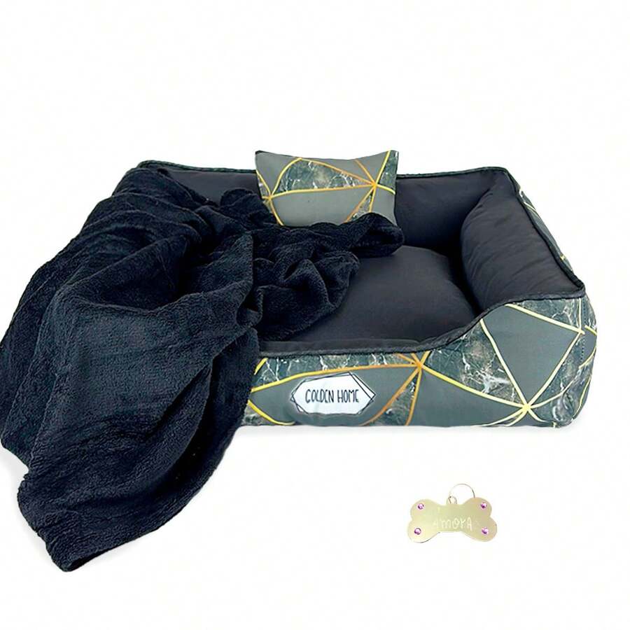 Dog/Cat Bed 60x60 4 Pieces Waterproof Pet Bed With Zipper Blanket And ID Tag - 黑色 - 查看 1
