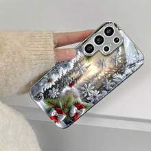 Funda de Teléfono de Vidrio Electrochapado de Navidad para iPhone 17air/16E/15/14/13/12/11 Pro, Promax, Plus, X/XS/XSmax, Compatible con Samsung Galaxy S20FE/S21FE/S22/S23FE/S24FE/S25edge Plus, Ultra, Buena Agarre, Protección de Borde Suave, Adecuada para Hombres y Mujeres - Plateado - Ver 2