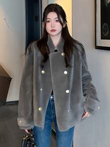 Elegant Winter Women Coat Fashion Grey Fuzzy Coats Chic Party Prom Fluffy Fur Jackets Long Sleeve Fur Jacket Female New Streetwear Going Out Tops With Pocket Warm Thick Halloween Christmas New Year Clothes Thanksgiving Outfit