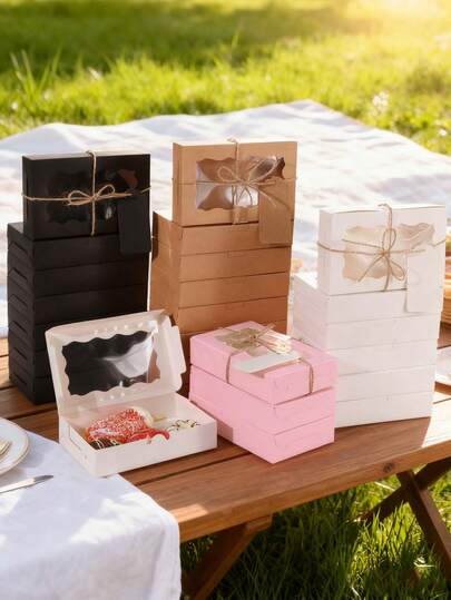 10个带窗口的饼干盒，尺寸为7x4.3x1.5英寸（17.7x11.5厘米），烘焙糖果纸杯蛋糕容器，带标签绳，适用于甜点、糖果、甜甜圈、松饼、馅饼、婚礼、派对、婴儿派对、节日（粉色）