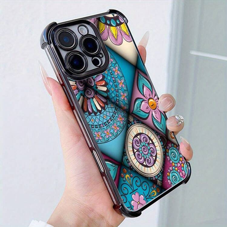 Funda de Teléfono con Diseño de Patrón Floral Geométrico Colorido para  16, 16 Plus, 16 Pro, 16 Pro Max,  15, 15 Plus, 15 Pro, 15 Pro Max, 14, 14 Plus, 14 Pro, 14 Pro Max, 13, 13 Pro, 13 Pro Max, 12, 12 Pro, 12 Pro Max, 11, 11 Pro Max, 7, 8, X, XS, Anti-suciedad,  de Moda, Antigolpes en las Cuatro Esquinas - Colores mixtos - Añade 5