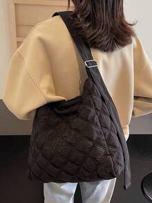 حقيبة كتف مبطنة ذات سعة كبيرة موضة خريف/شتاء 2025، حقيبة كتف مبطنة مطرزة بتصميم بسيط، مناسبة للاستخدام اليومي للنساء، قماش ناعم، للذهاب للعمل/المدرسة، بطراز كلية - الأسود - مشاهدة 5