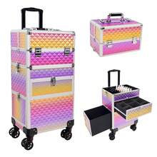 Professional Rolling Salon Makeup Train Case With Drawers, Large Cosmetic Trolley With Locks, Cosmetics Storage Organizer Make Up Case For Salon, Travel Makeup/Nail Art/Hair Styling, Gradual Purple - Gradient Purple - View 11