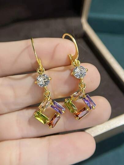 1 Paar elegante, minimalistisch-stilvolle quadratische Ohrringe, synthetische farbige kubische Zirkonia-Ohrringe, leichter luxuriöser Arbeitsaccessoire, vielseitiger & personalisierter Alltagsaccessoire