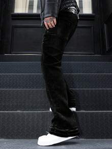 Slim Fit Stretch Denim Jeans, Distressed Washed Cotton Jeans, Versatile & Fashionable; Washed Denim Jeans With Slant Pockets, Lightweight Business Casual, Versatile; Straight Leg Casual Pants With Button & Zipper, Suitable For All Seasons - Black - View 5