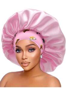 قبعة حرير للنوم للنساء ذات حافة واسعة وحزام مطاطي مطبوع، قبعة نوم من الحرير الناعم للشعر المجعد (نمط طباعة عشوائي)