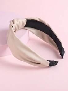 1 件装女童时尚 PU 皮革顶部打结发带，复古米色 PU 发箍发饰，日常佩戴 - 米色 - 查看 3