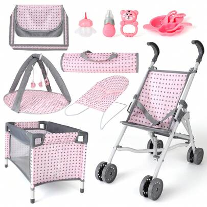 5 In 1 Baby Doll Pretend Accessories Play Set Pink Baby Doll Pushchair Cot Play Mat Travel Vag Set (Doll Not Included)