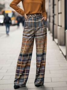 Lightweight Brown Plaid Wide-Leg Trousers For Summer, With Pockets, Versatile For Everyday Wear And Commuting - Màu nâu  Mocha - Xem 5