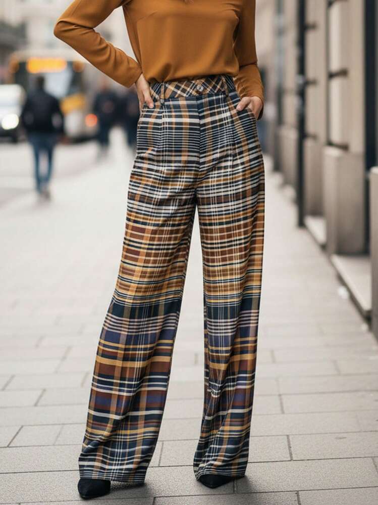 Lightweight Brown Plaid Wide-Leg Trousers For Summer, With Pockets, Versatile For Everyday Wear And Commuting - Mocha Brown - View 5