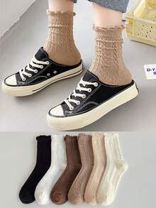 6 Pairs Women's Fashion Sweet Cable Knit Solid Color JK Style Breathable Mid-Calf Socks