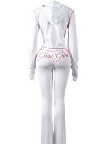 FQLWL Women's Casual Street Style Tracksuit, Printed Zip-Up Hoodie And Pants Set, Long Sleeve 2-Piece Outfit - White - View 3