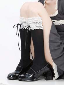 1双轻薄日式蝴蝶结蕾丝过膝袜，四季皆宜，Y2K风格，舒适保暖