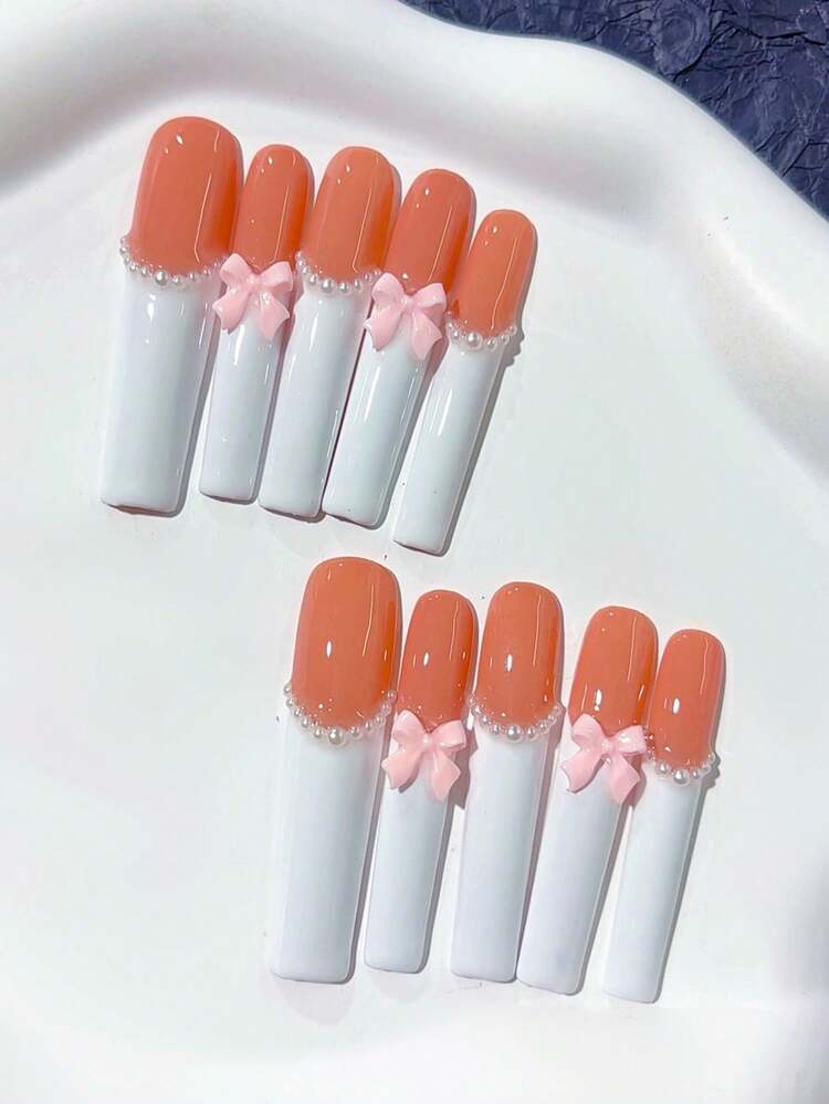 10pcs Y2K Cute Extra Long Coffin Shape Simple Nude & White French Handmade Press On Nails, With Pearl Embellishment, White Bow Decoration; Nail Supplies, Acrylic Nails, Homemade Nails, DIY, Nail Art, Acrylic False Nails; Suitable For Vacation, Birthday, Party, Daily Wear; Includes 1pc Jelly Glue & 1pc Mini File - White - View 3