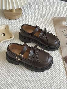 Girls Mary Jane Dress Shoes Bow Strap Thick Sole School Uniform Flats For Daily Wear - màu nâu - Xem 3