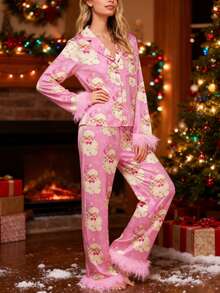 Women Y2k Silk Satin Christmas Pajamas Sets Xmas Tree/Santa Claus Print Plush Trim Long Sleeve Sleepwear Holiday Print Two Piece Pjs Pants PJs Set Loungewear - 粉色 - 查看 5