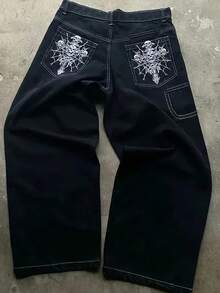 男式 Y2K 休闲宽松骷髅刺绣黑色牛仔裤，街头风格，垃圾摇滚 - 黑色 - 查看 2