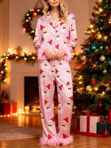 Women Y2k Silk Satin Christmas Pajamas Sets Xmas Tree/Santa Claus Print Plush Trim Long Sleeve Sleepwear Holiday Print Two Piece Pjs Pants PJs Set Loungewear - Đỏ và trắng - Xem 5