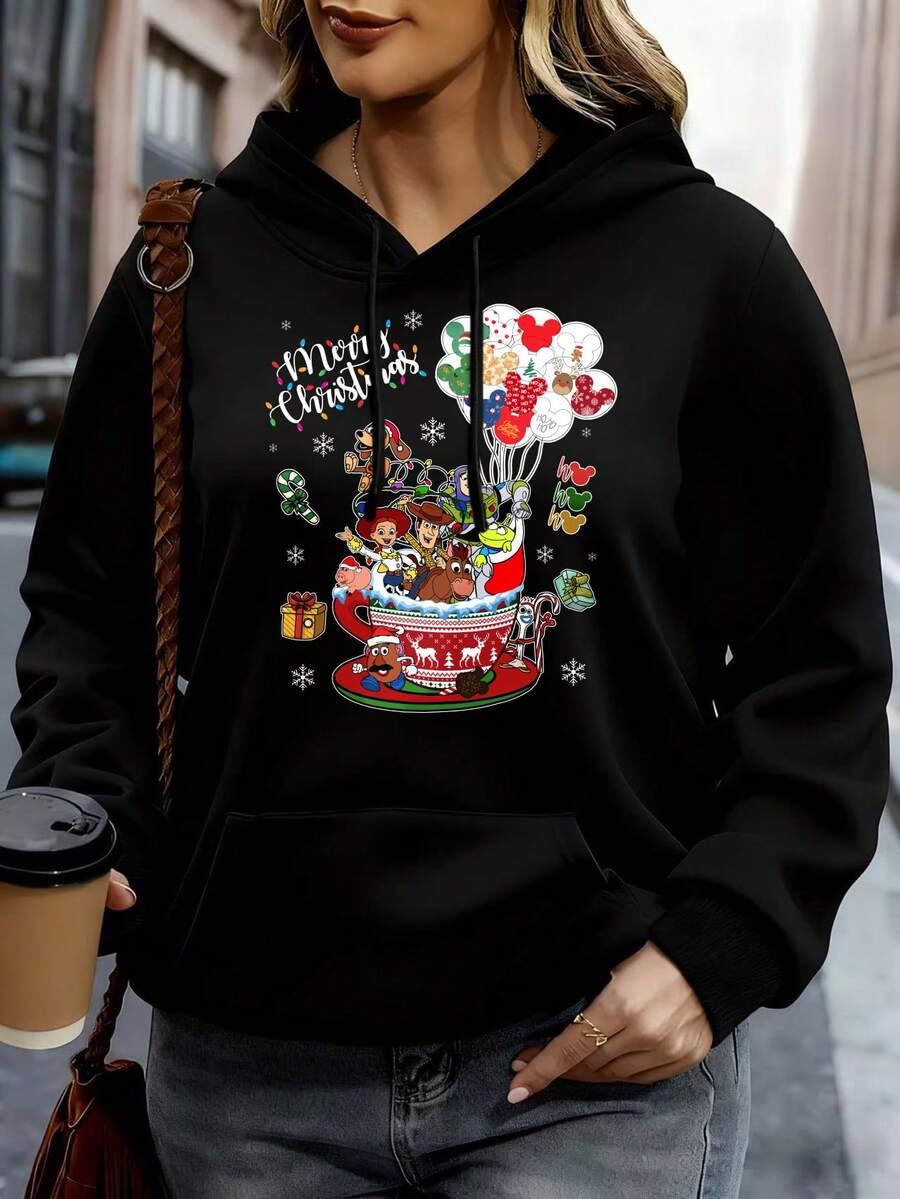Disney Women Hoodie White Mickey Mouse Christmas Cup Print Holiday Party Casual Wear - Black - View 1