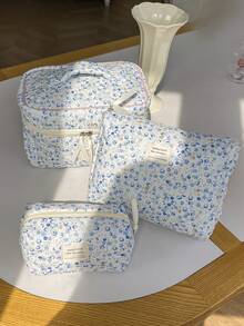 1件/套 灯芯绒蓝色碎花印花多功能旅行女孩洗漱化妆品收纳包，带拉链，女士便携大容量柔软化妆包，适合旅行、宿舍、居家使用，可收纳洗面奶、牙膏、口红、化妆刷和小物件，是送给妈妈和老师的完美礼物，也是生日礼物、婚礼纪念品、假日旅行必备收纳包的理想之选。