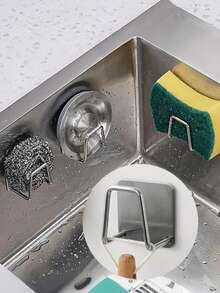 1pc Stainless Steel Sink Sponge Holder - No Drilling Required, Wall-Mounted Design, Dual Hooks, Perfect For Holding Sponges And Small Tools, Keeps Countertop Clean, Suitable For Dish Sponges, Stainless Steel Kitchen Sink Organizer - Adhesive Installation, No Drilling Sponge Holder And Drainer | Wall-Mounted Storage Hooks For Hanging Clothes And Accessories, Rust-Resistant Stainless Steel Sink Caddy - Keeps Your Kitchen Accessories Dry And Organized! - Multicolor - View 2