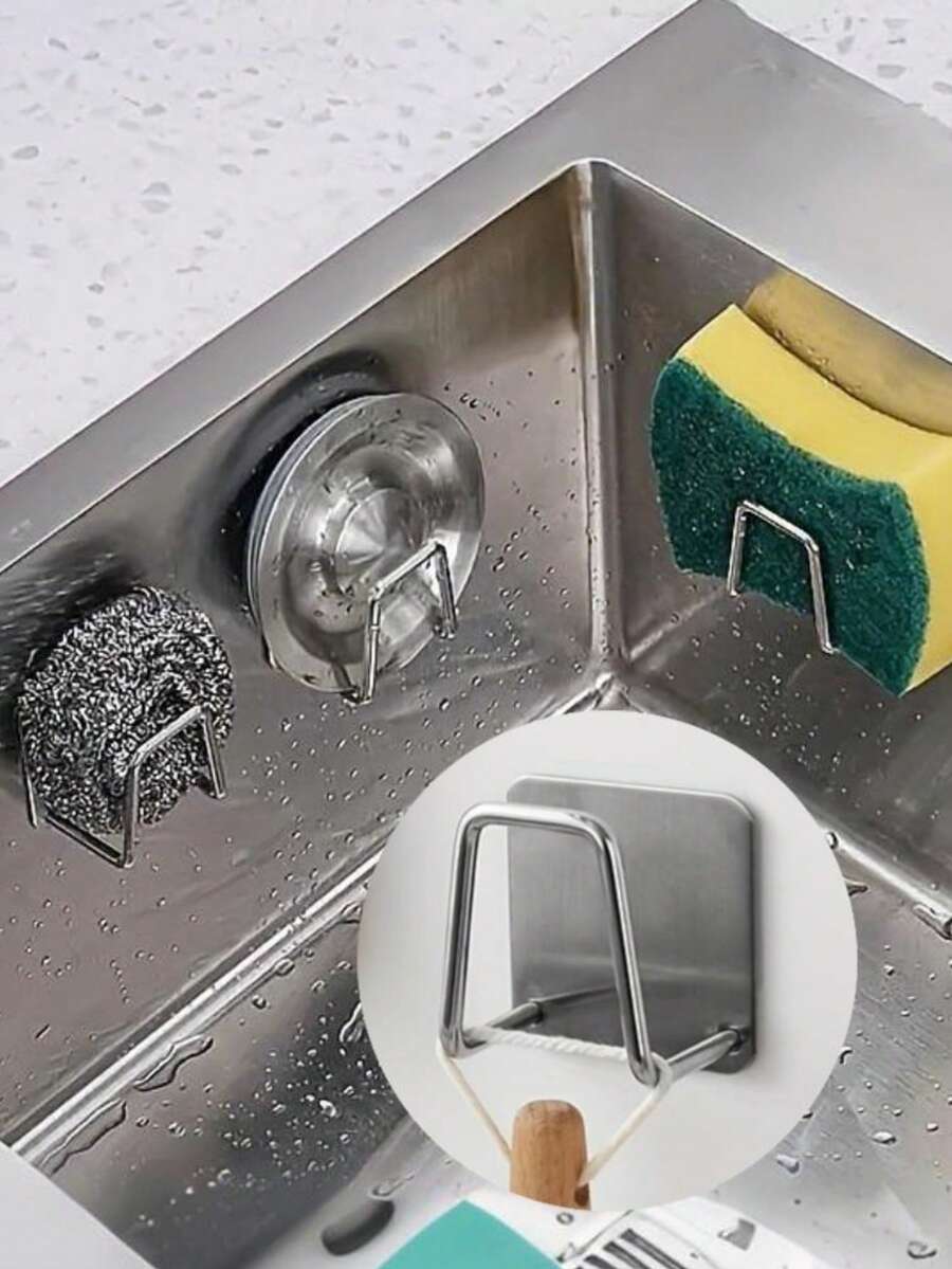 1pc Stainless Steel Sink Sponge Holder - No Drilling Required, Wall-Mounted Design, Dual Hooks, Perfect For Holding Sponges And Small Tools, Keeps Countertop Clean, Suitable For Dish Sponges, Stainless Steel Kitchen Sink Organizer - Adhesive Installation, No Drilling Sponge Holder And Drainer | Wall-Mounted Storage Hooks For Hanging Clothes And Accessories, Rust-Resistant Stainless Steel Sink Caddy - Keeps Your Kitchen Accessories Dry And Organized!