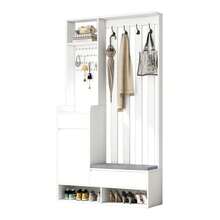 Hallway Wardrobe With Upholstered Storage Bench, Multifunctional Hallway Shoe Cabinet With Pegboard, Modern Wardrobe With 4 Hooks For Entrance Area, Laundry Room, White, H180/W100/D35 Cm - 白色 - 查看 9