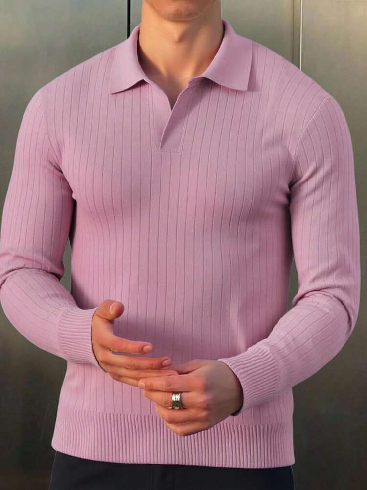 Polo para hombre de manga larga, ideal para otoño e invierno. Con diseño acanalado de líneas verticales, tejido suave y cómodo, cuello clásico y ajuste moderno. Perfecto para combinar con jeans y pantalones casuales, ofrece un estilo elegante y versátil para reuniones, trabajo o salidas cotidianas, brindando sofisticación y confort en todo momento. - Rosa Pálido - Añade 3