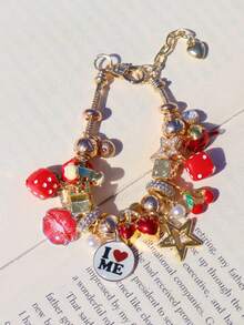 1 pieza Pulsera con dije de dados con estrella y niña, 1 pieza Pulsera gótica oscura con cabeza de demonio de cereza, 1 pieza Pulsera con eslogan de autoamor, 1 pieza Pulsera ajustable con labios rojos Y2K DIY