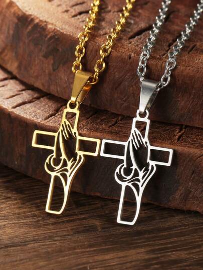 1pc Fashionable Stainless Steel Hollow Prayer Cross Necklace, Unisex Couple Cross Pendant