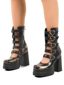 Distressed Heart Decor Silver Color Waterproof Platform Thick Heel Block Heel Boots - Black Gold - View 4