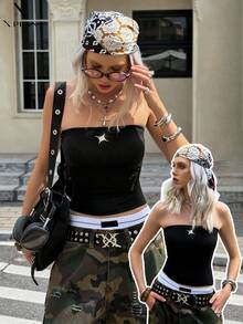 Niche Design Metal Star Decor Crop Top, Black Fitted Slim Sexy Camisole