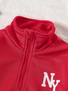 Bộ áo nỉ cho bé gái, thời trang thu mới, màu trơn, phong cách tối giản, in chữ, cổ phễu, tay dài, khóa kéo nửa và quần ống đứng màu xám, 2 món/bộ - Đỏ - Xem 2