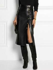 EARO 时尚优雅简约高端黑色单排扣开衩PU皮裙，女士修身半身裙，秋冬款，时尚优雅，修身显瘦，高腰设计，弹力腰带，性感A字PU中长裙，休闲春季款 - 黑色 - 查看 3