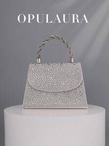 OpulAura 女士时尚银色水钻翻盖晚宴包，闪耀优雅奢华水晶装饰派对手拿包/单肩包，适合搭配正式礼服、参加派对、盛大晚宴、生日庆典、新娘配饰、婚礼等场合。 - 銀色 - 查看 2