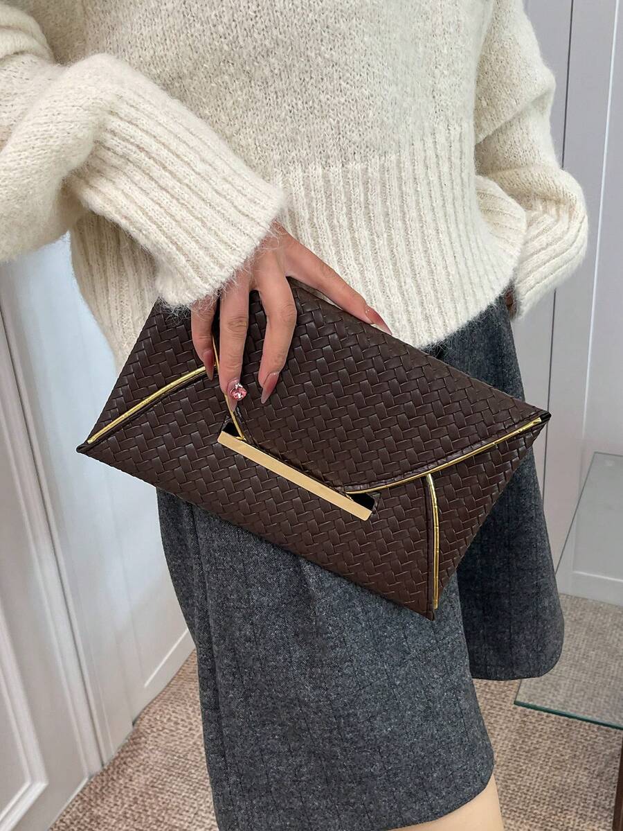 1个PU皮革纯色编织纹理女士日常信封式手拿包，简约优雅，节日礼物 - 咖啡 - 查看 1