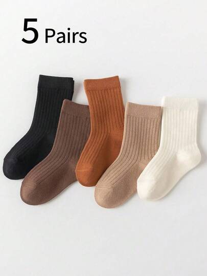 5 đôi tất trẻ em, tất sọc trơn màu thu/đông dài đến bắp chân, đa năng, tất thể thao thường ngày tối giản, tất đi học cỡ lớn cho trẻ em, thích hợp cho mùa tựu trường