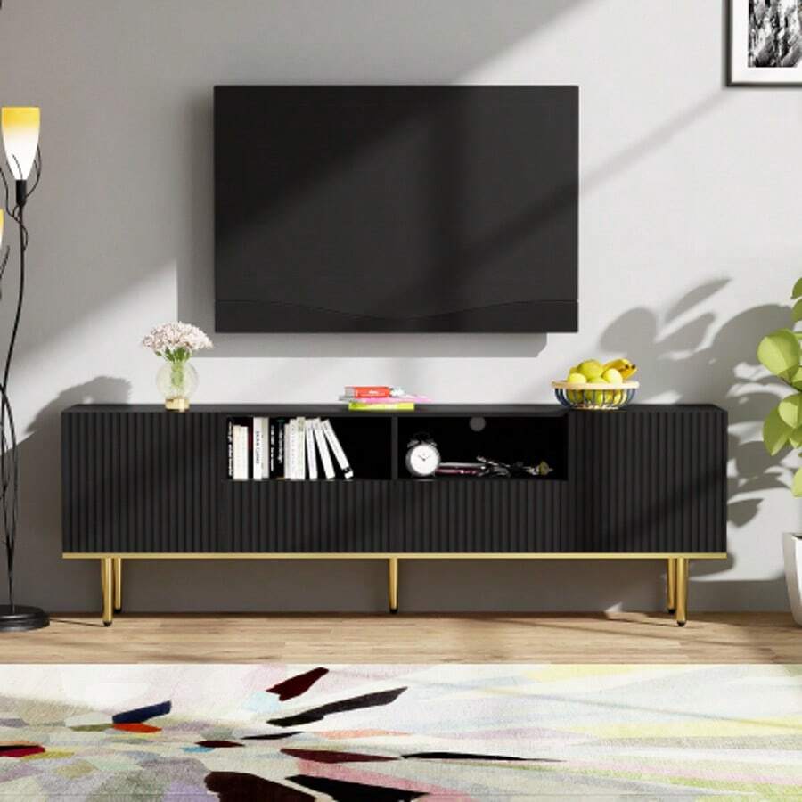 Moderner TV-Schrank, TV-Möbel Mit Golden Füßen And Golden Rand Description - Black - View 1