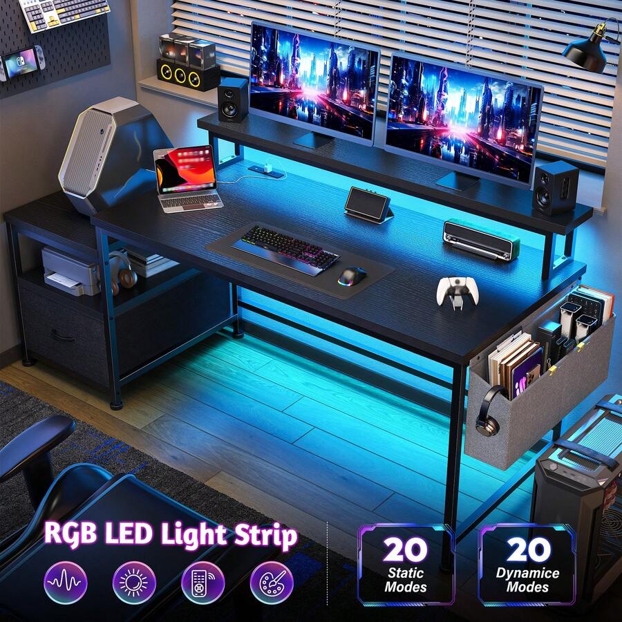 Dual Monitor Computer Desk With Drawers And Printer Space Home Office Gaming Desk With RGB Lighting & Power Charging Station, 20"D*57"W*36" For Dorm/Home - 查看 1