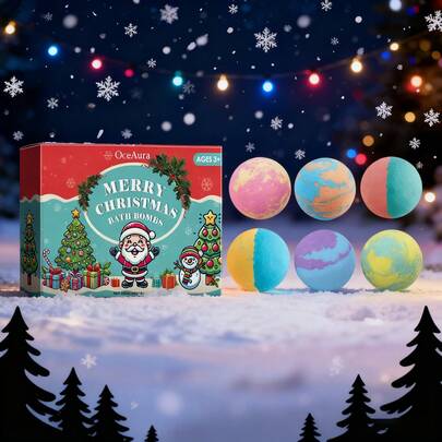 6 piezas Bombas de baño navideñas OceAura, regalos de cuidado de la piel y burbujas, rellenos de calcetines para mujeres, regalos hechos a mano, ideas de cumpleaños y favores de fiesta de burbujas para mujeres y hombres