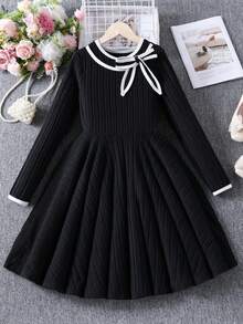 Girls Elegant Bow Collar Long Sleeve Dress, Suitable For Casual Daily Wear, Autumn - Black - View 1