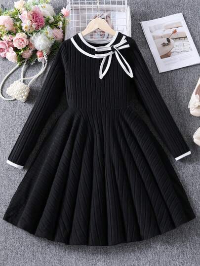 Girls Elegant Bow Collar Long Sleeve Dress, Suitable For Casual Daily Wear, Autumn