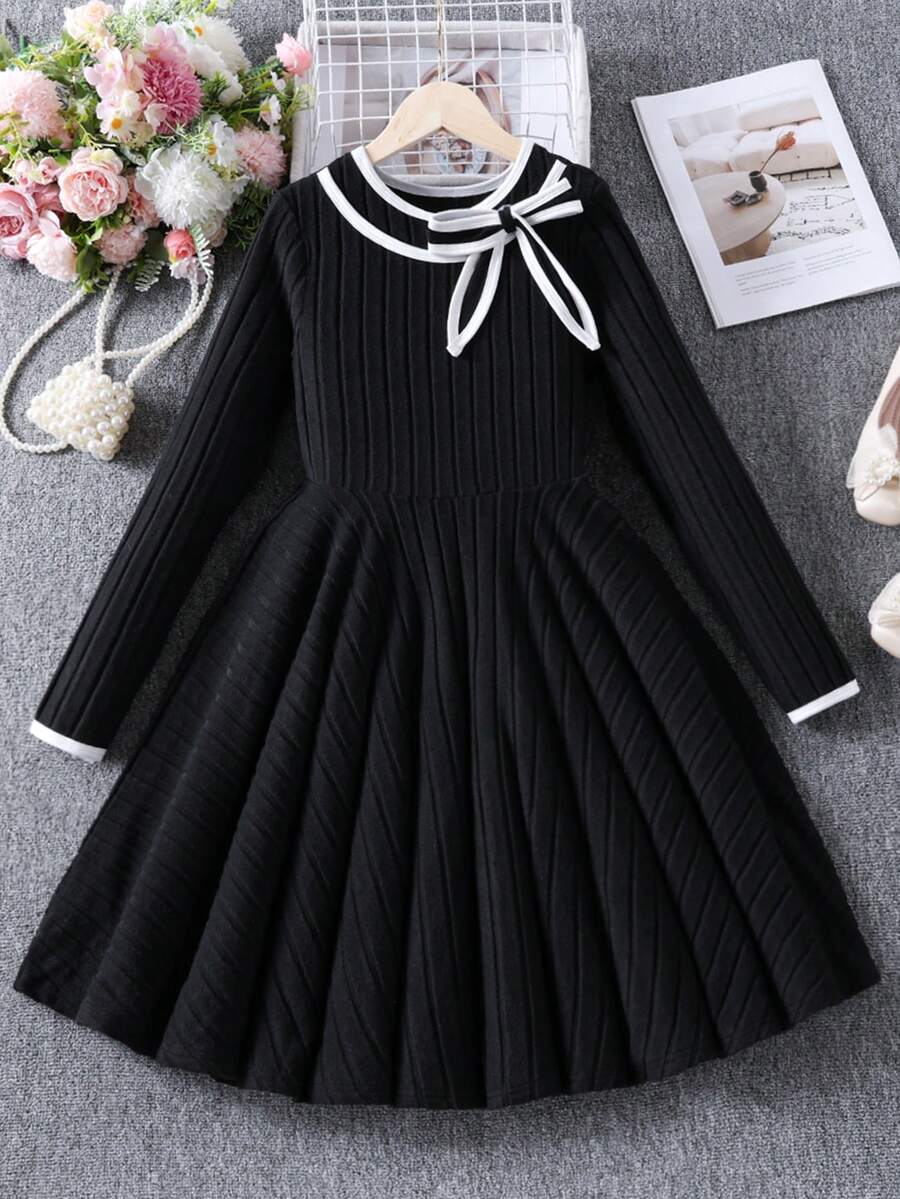 Girls Elegant Bow Collar Long Sleeve Dress, Suitable For Casual Daily Wear, Autumn - Black - View 1